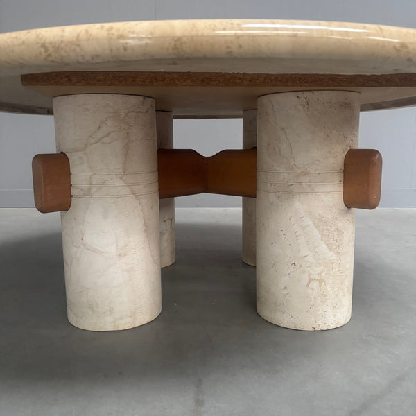 Rare round travertine coffee table, 1970s