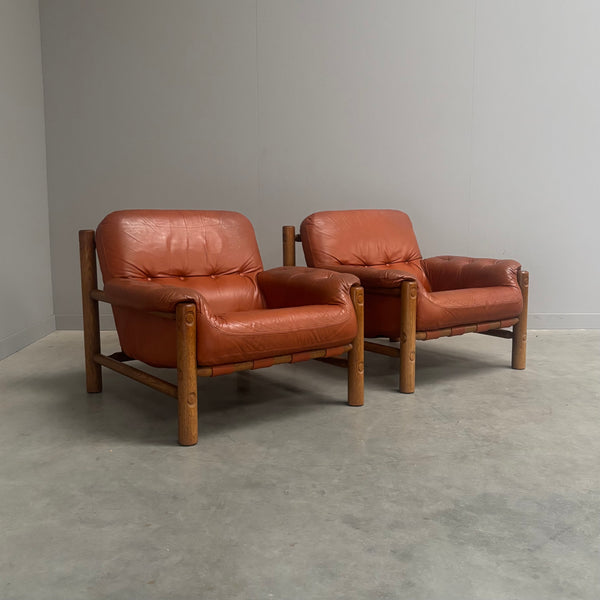 Set Brutalist, Brazilian style leather lounge chairs, 1960s