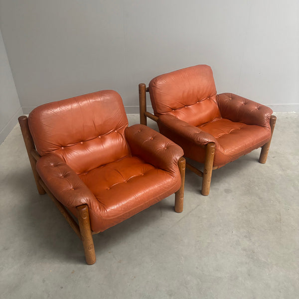 Set Brutalist, Brazilian style leather lounge chairs, 1960s