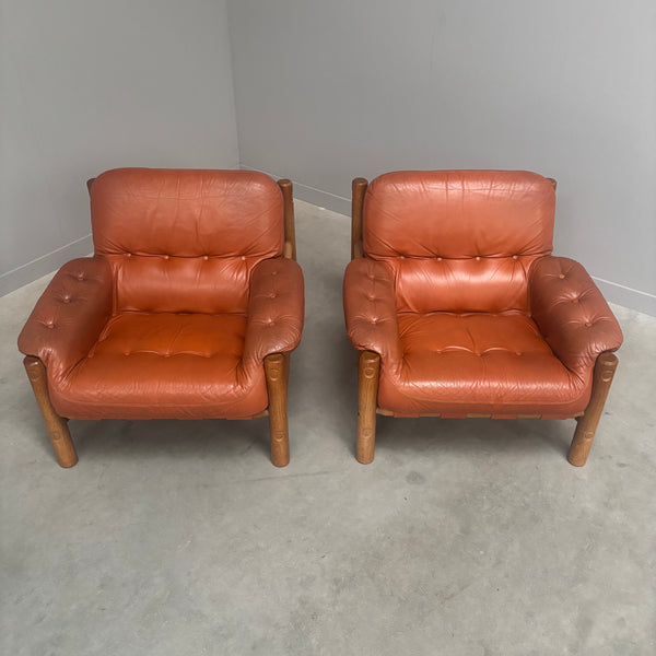 Set Brutalist, Brazilian style leather lounge chairs, 1960s