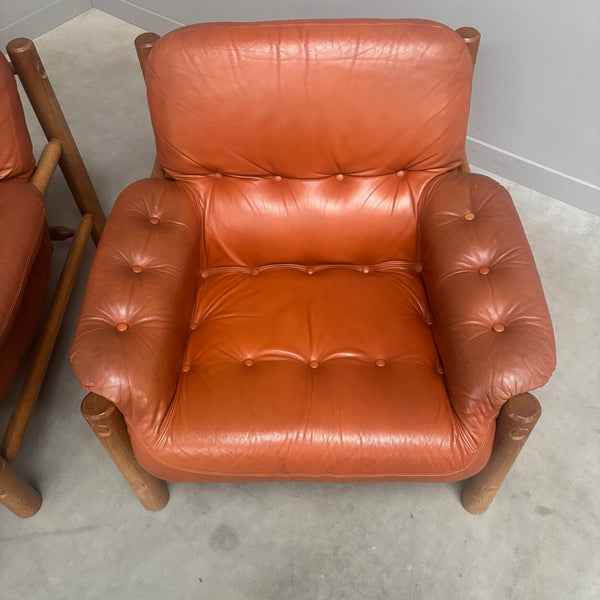 Set Brutalist, Brazilian style leather lounge chairs, 1960s