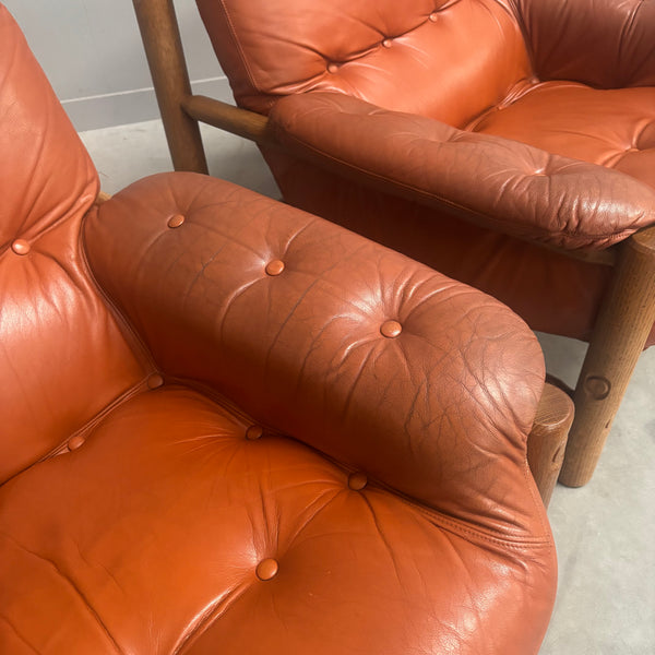 Set Brutalist, Brazilian style leather lounge chairs, 1960s