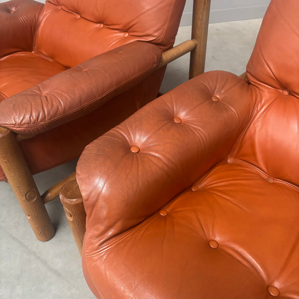 Set Brutalist, Brazilian style leather lounge chairs, 1960s