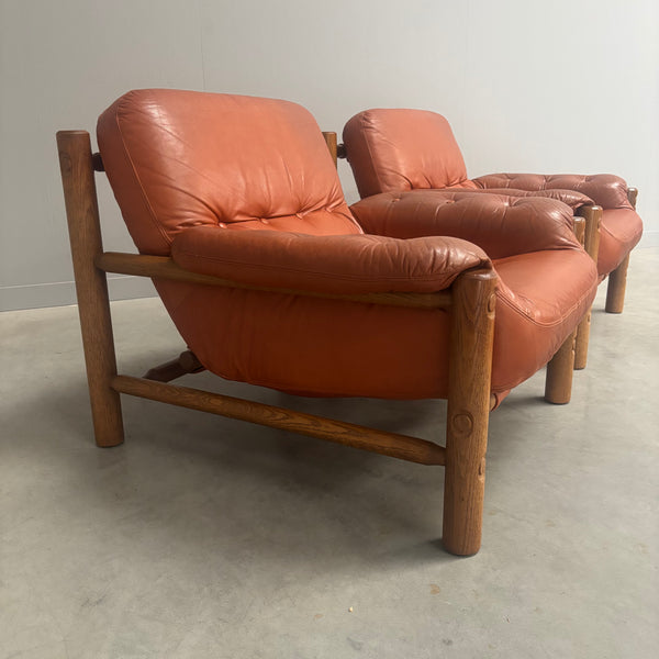 Set Brutalist, Brazilian style leather lounge chairs, 1960s