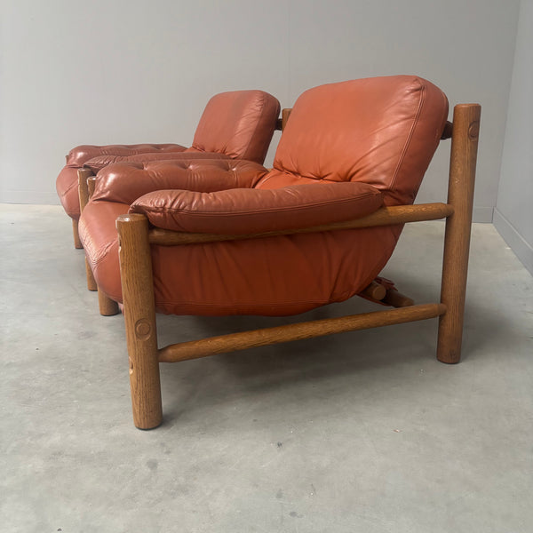 Set Brutalist, Brazilian style leather lounge chairs, 1960s