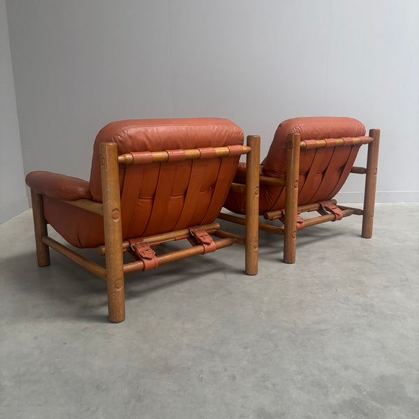 Set Brutalist, Brazilian style leather lounge chairs, 1960s