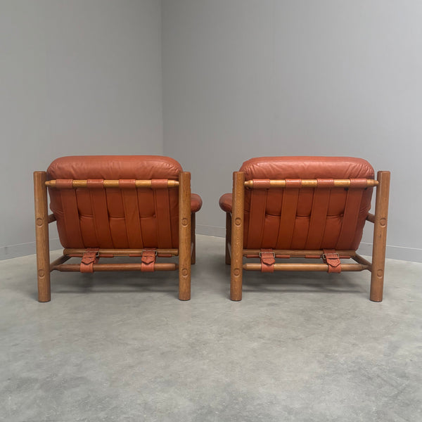 Set Brutalist, Brazilian style leather lounge chairs, 1960s