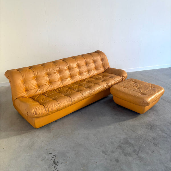 Large vintage padded lounge sofa with hocker, 1970s