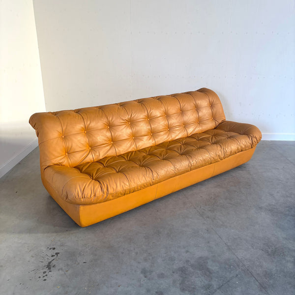 Large vintage padded lounge sofa with hocker, 1970s