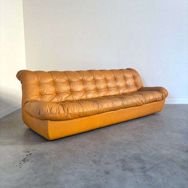 Large vintage padded lounge sofa with hocker, 1970s