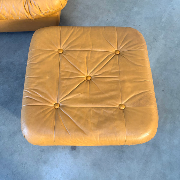 Large vintage padded lounge sofa with hocker, 1970s