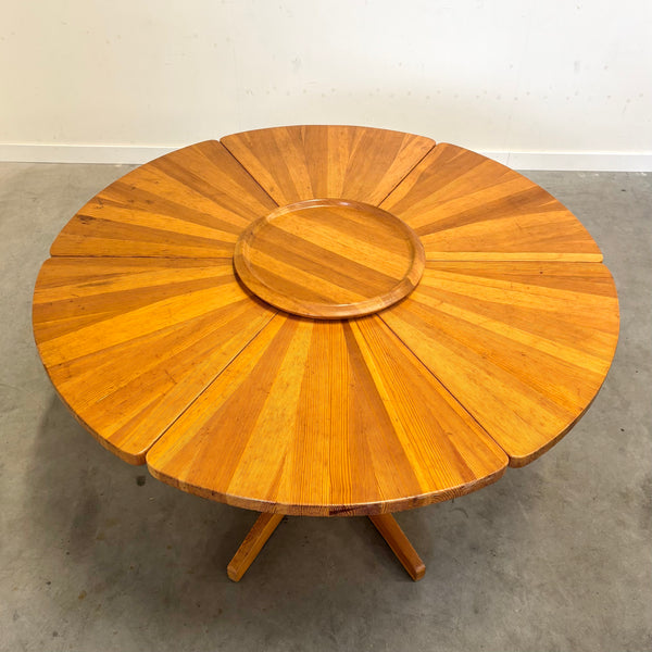 Unique round solid pine dining table, 1970s