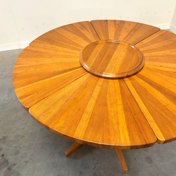 Unique round solid pine dining table, 1970s