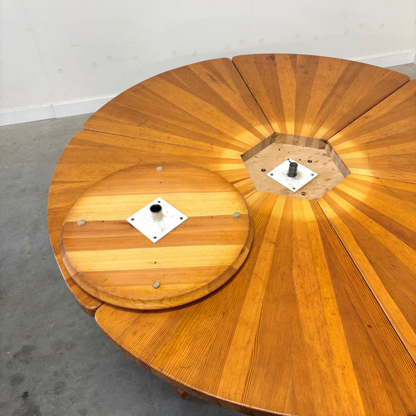 Unique round solid pine dining table, 1970s