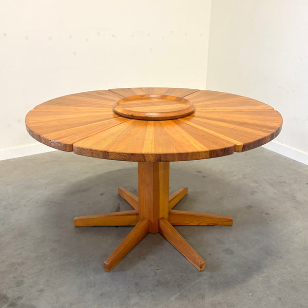 Unique round solid pine dining table, 1970s