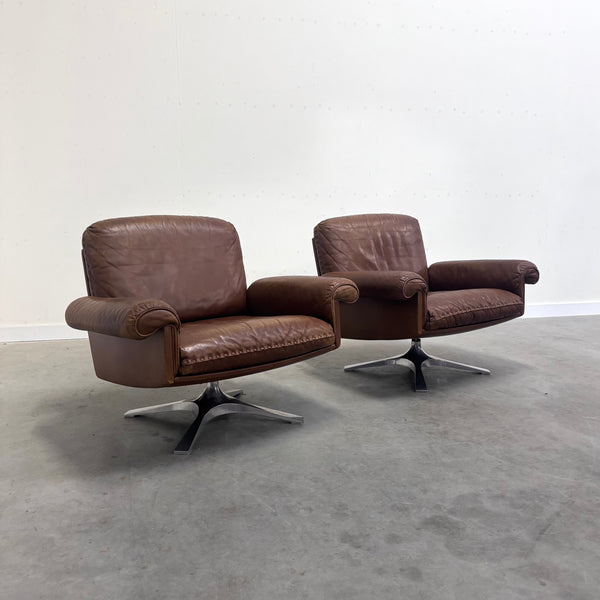 Set cognac leather De Sede DS31 lounge chairs, 1970s