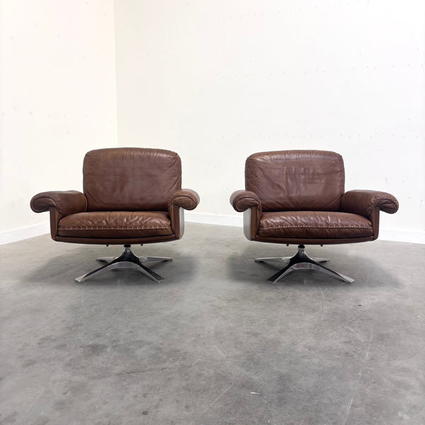 Set cognac leather De Sede DS31 lounge chairs, 1970s