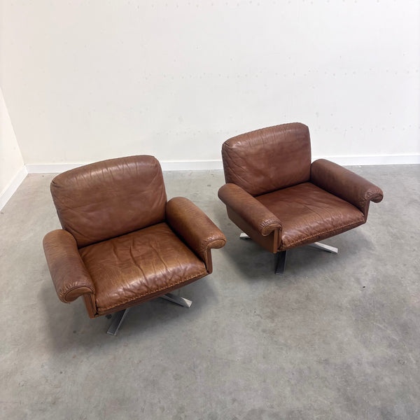 Set cognac leather De Sede DS31 lounge chairs, 1970s