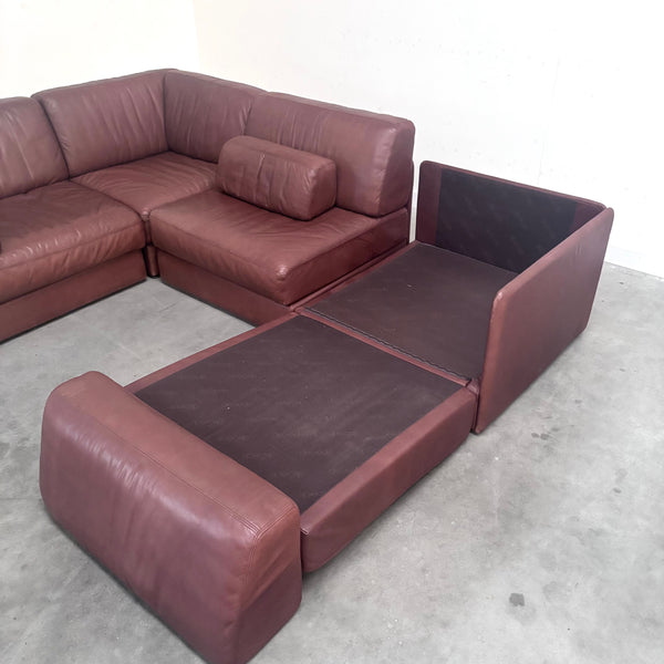 Brown leather modular sofa by De Sede; DS76, 1970s (corner)