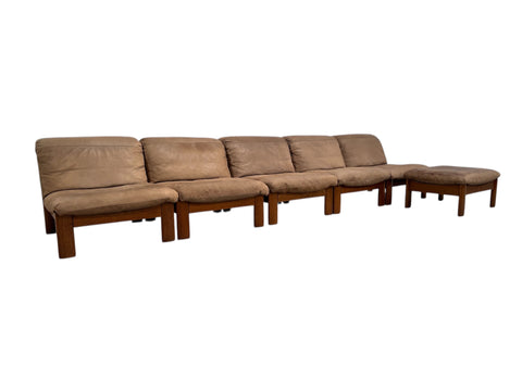 Rolf Benz leather oak lounge group, 1970s