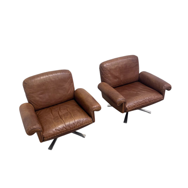 Set cognac leather De Sede DS31 lounge chairs, 1970s