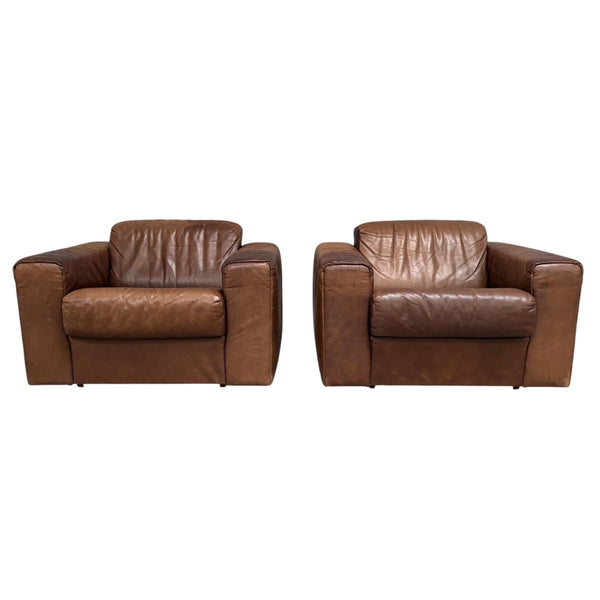 Set vintage brown leather lounge chairs, 1970s