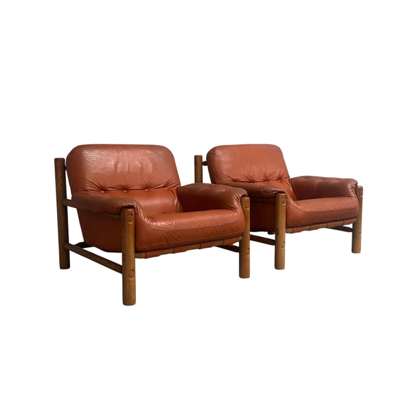Set Brutalist, Brazilian style leather lounge chairs, 1960s