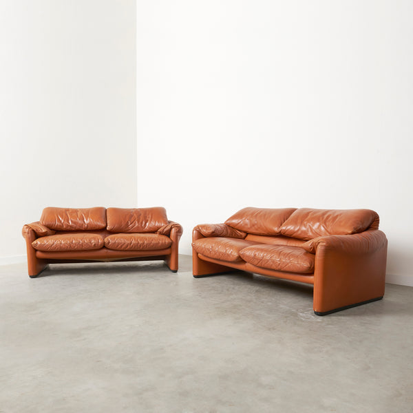 Set Maralunga sofas in cognac leather, 1970s