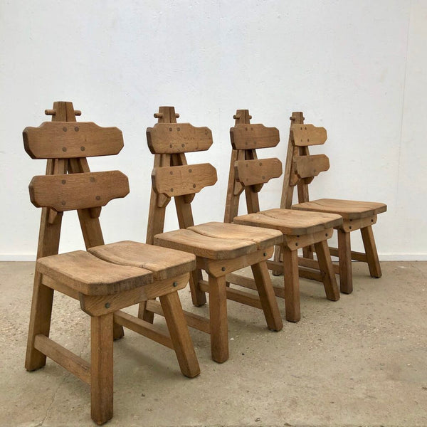 Solid Oak Brutalist chairs with table, Spain 1970s