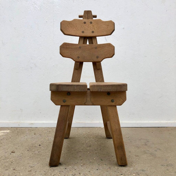 Solid Oak Brutalist chairs with table, Spain 1970s